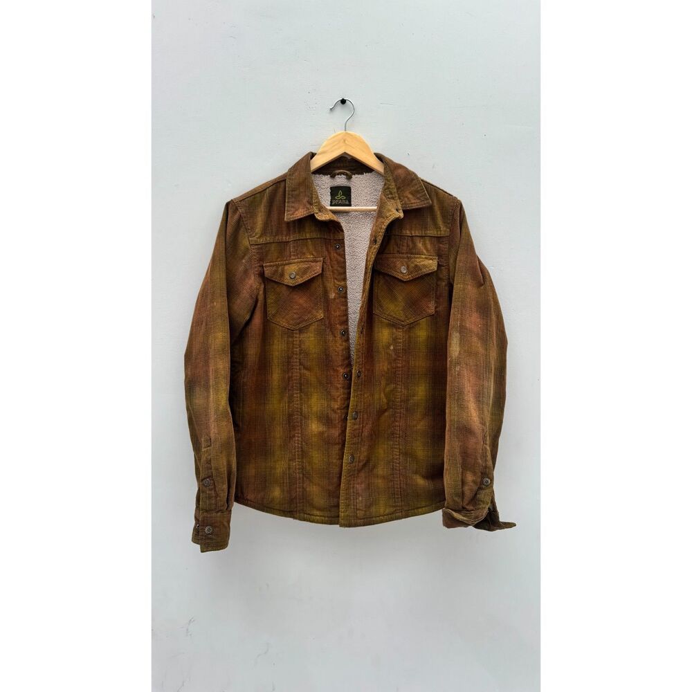 prAna Sherpa Lined Corduroy Shirt Jacket Plaid Moss Green Rust Shacket S